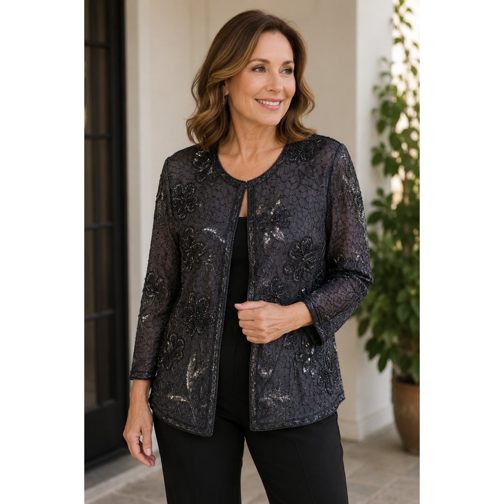 Niteline Silk Beaded Jacket S‎ Vintage Glam Cocktail Art Deco Luxe Eveningwear